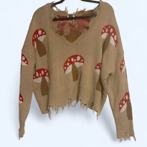 Beige Mushroom Knit Distressed V-Neck Sweater